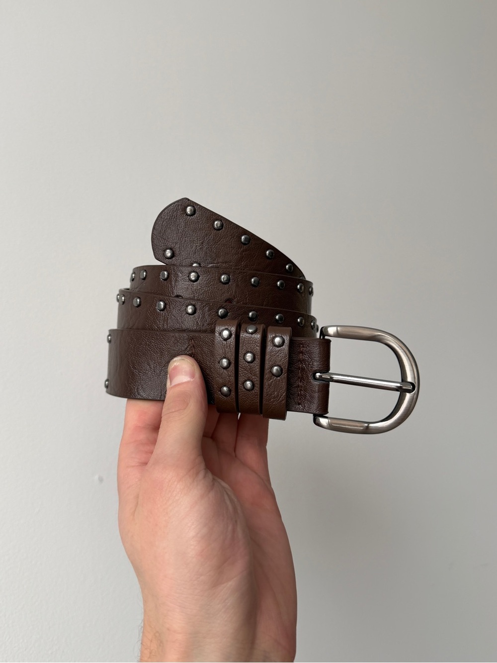 Men's Brown Studded Leather Belt with Metal Buckle